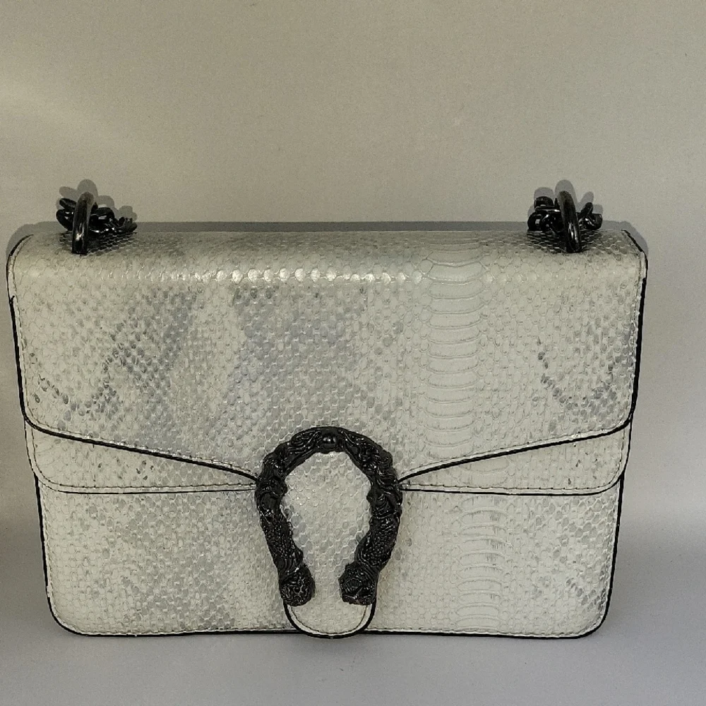 Snake Print Silver & White Chain Strap   Bag
